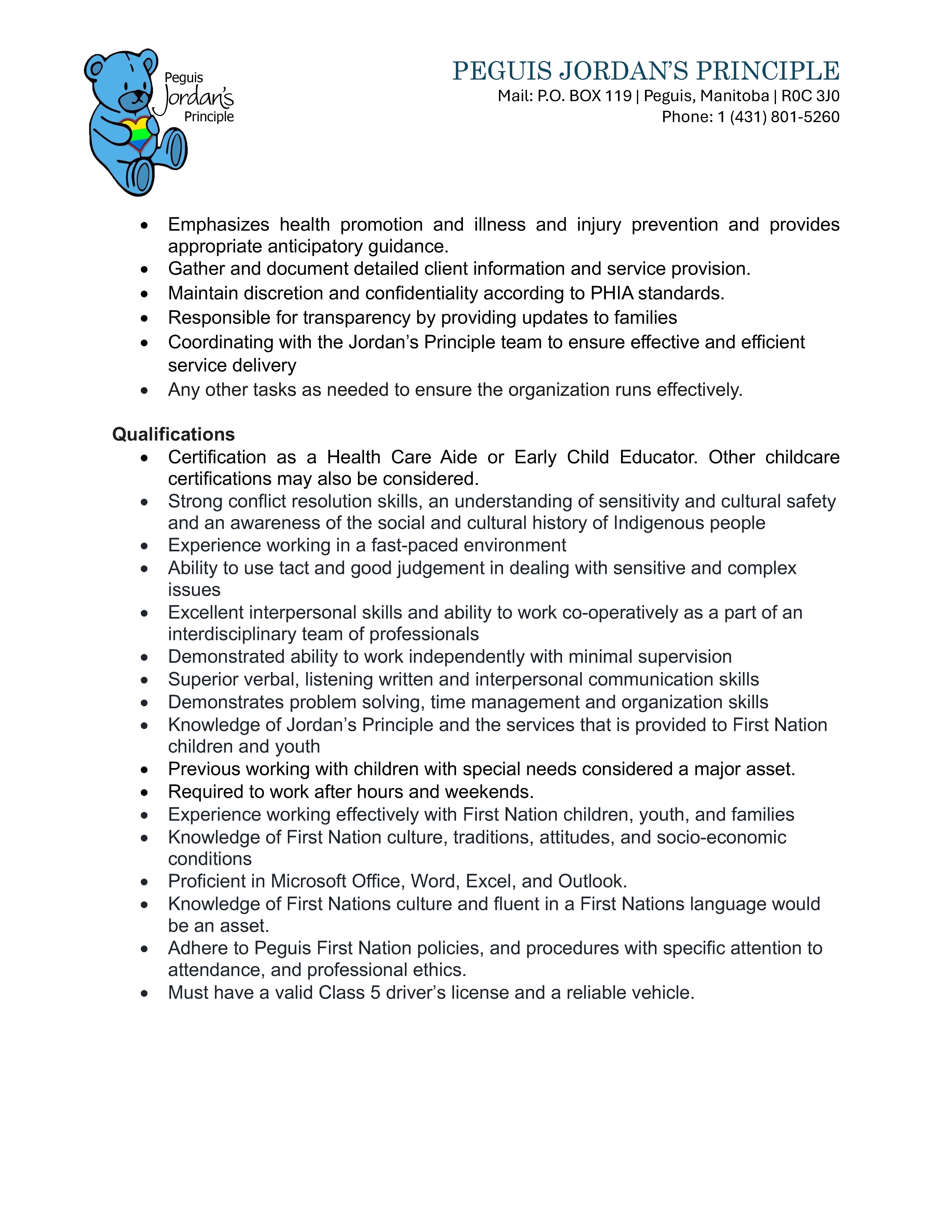 Child Development Worker Jordan’s Principle Peguis First Nation